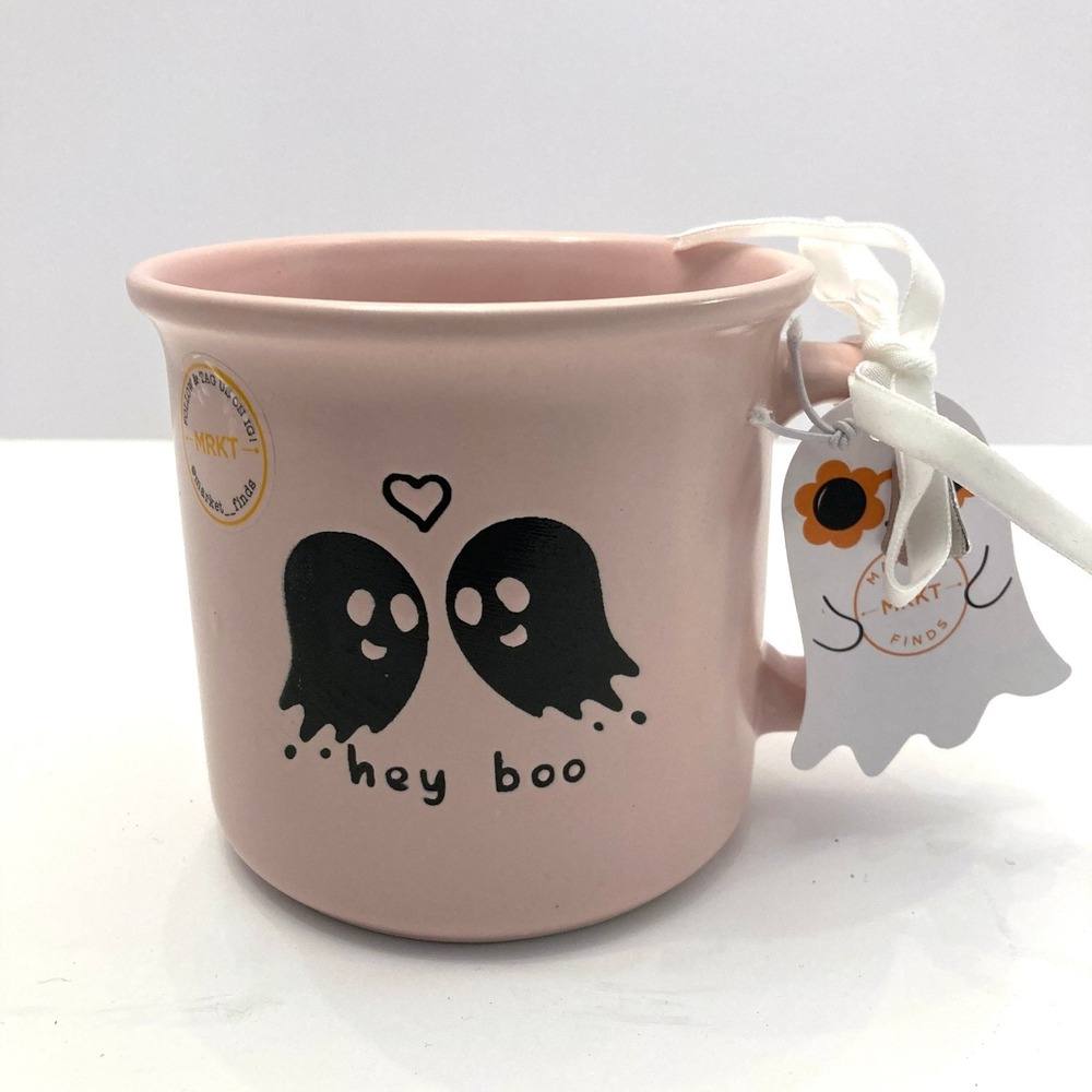 Market Finds Matte Pink Hey Boo Ghost Coffee Mug Halloween Pastel NEW